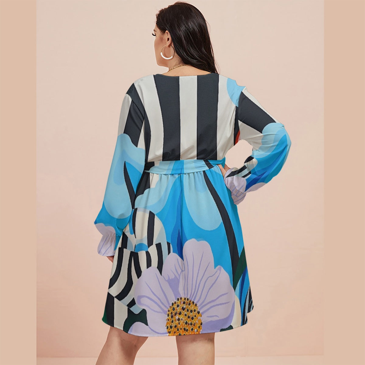 All-Over Print Women's V-neck Dress With Waistband(Plus Size)