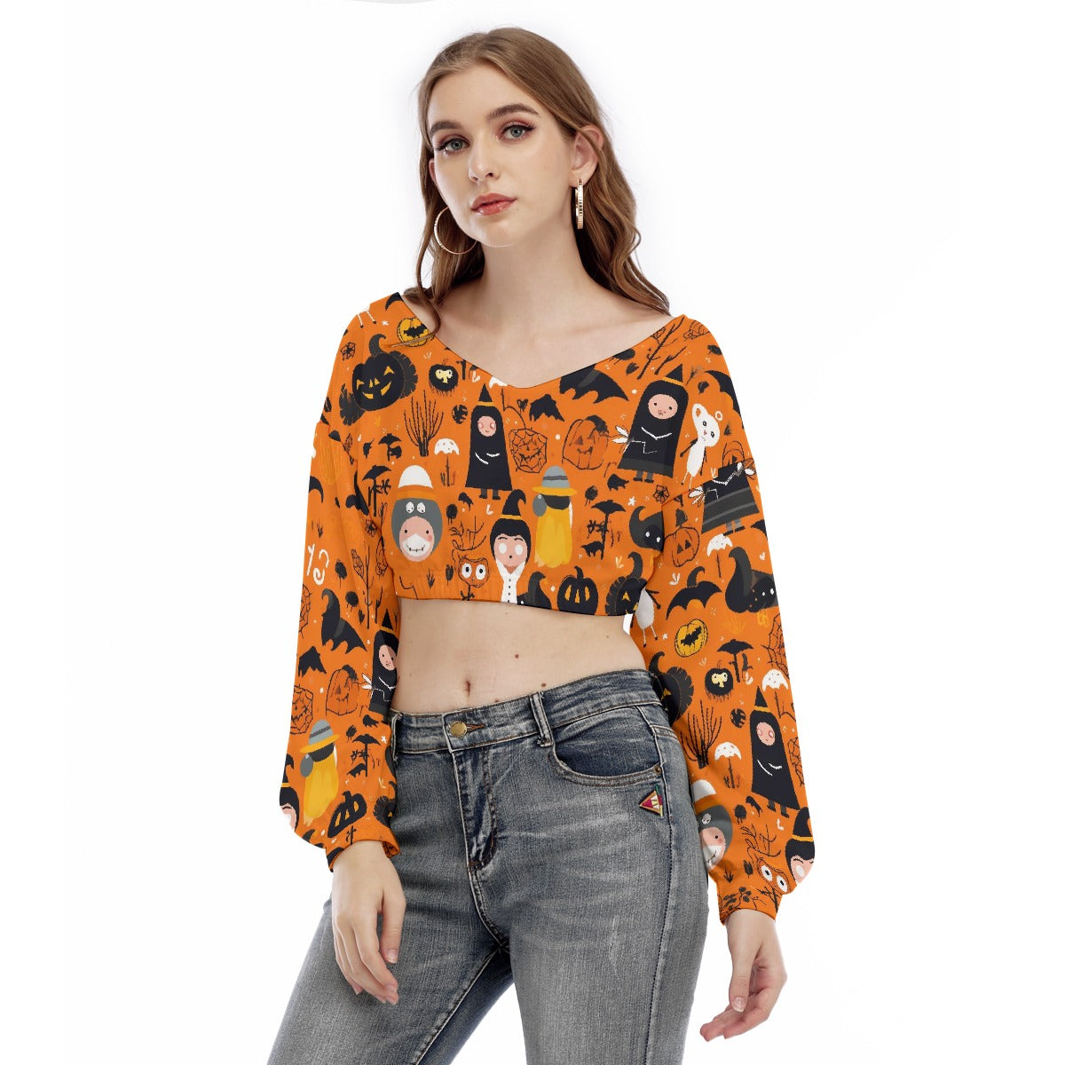 All-Over Print Women's V-neck Long Sleeve Cropped Sweatshirt