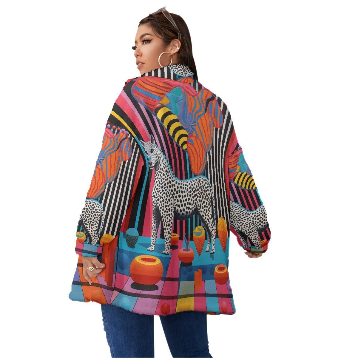 All-Over Print Unisex Borg Fleece Stand-up Collar Coat With Zipper Closure(Plus Size)