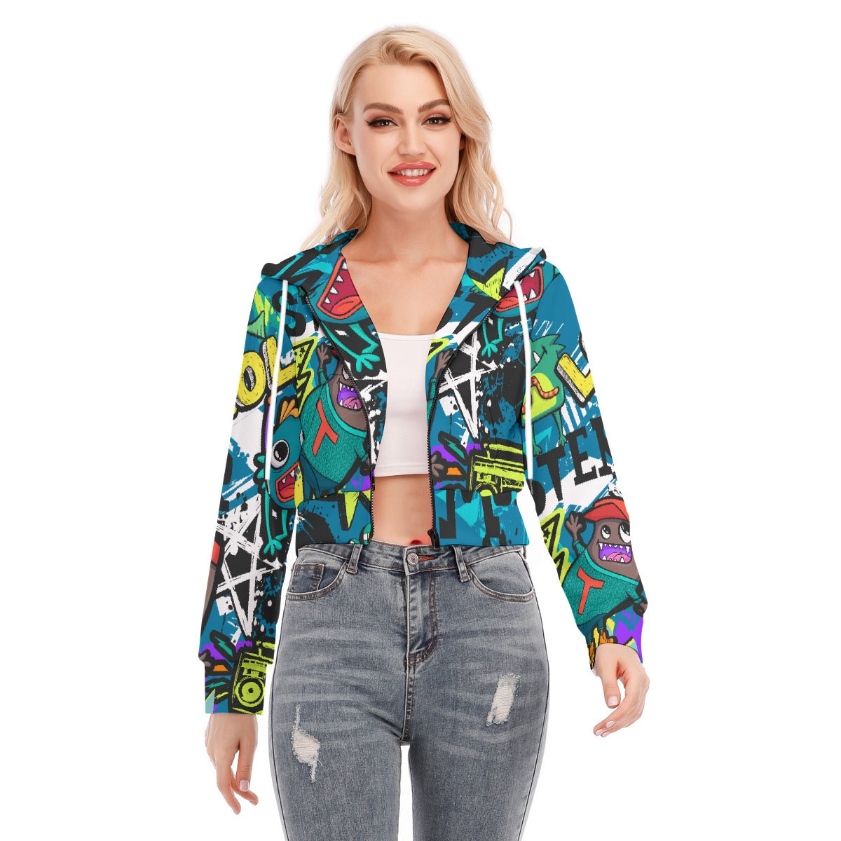 All-Over Print Women's Crop Top Hoodie With Zipper Closure