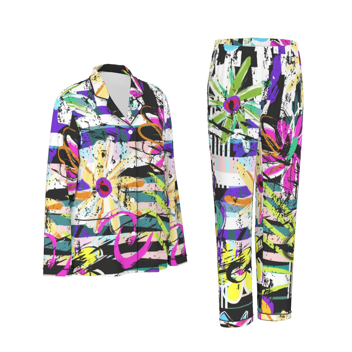 All-Over Print Women's Long Sleeve Pajama Set With Black Contrast Piping