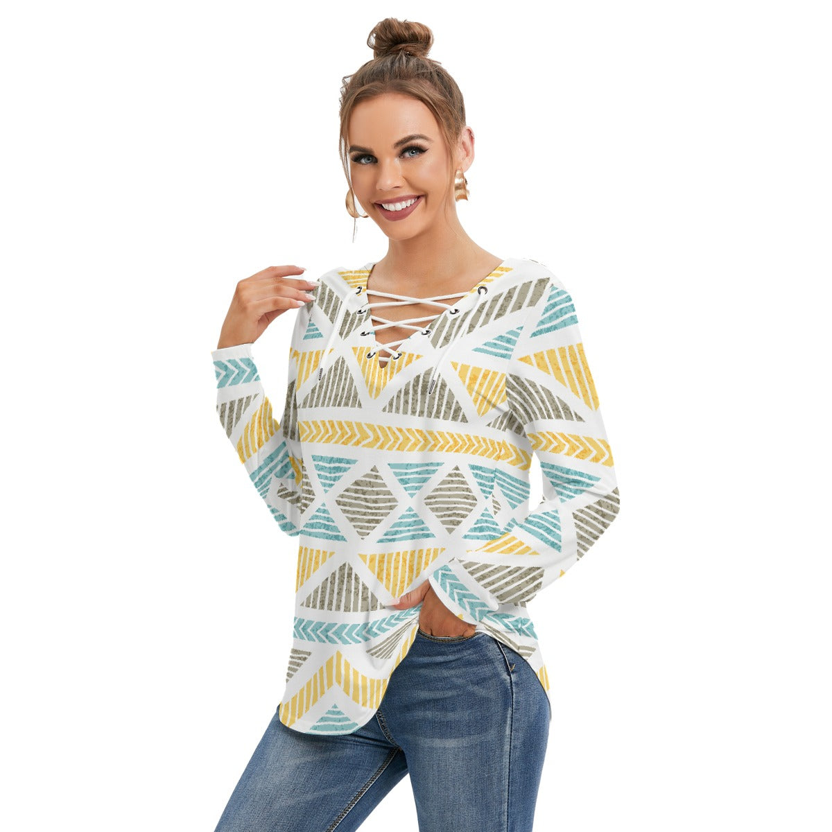 All-Over Print Women's Long Sleeve Neckline Tie Sweatshirt