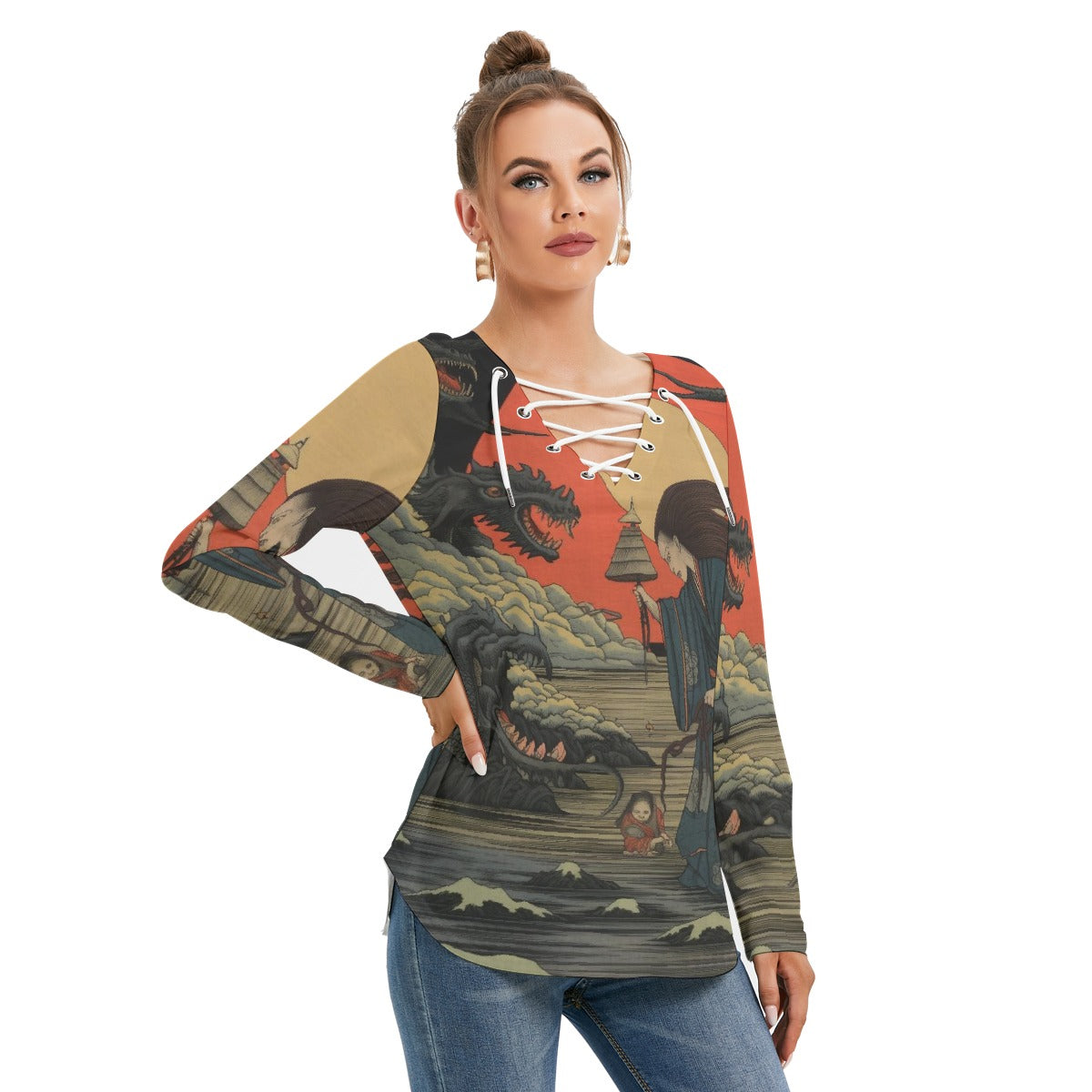 All-Over Print Women's Long Sleeve Neckline Tie Sweatshirt