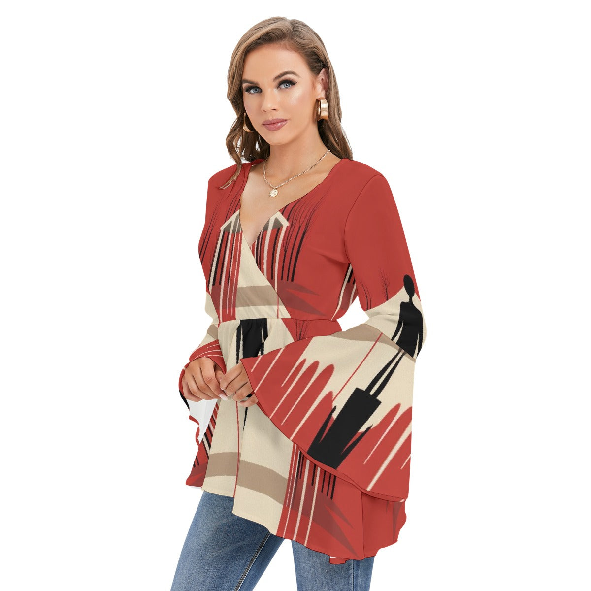 All-Over Print Women's V-neck Blouse With Flared Sleeves