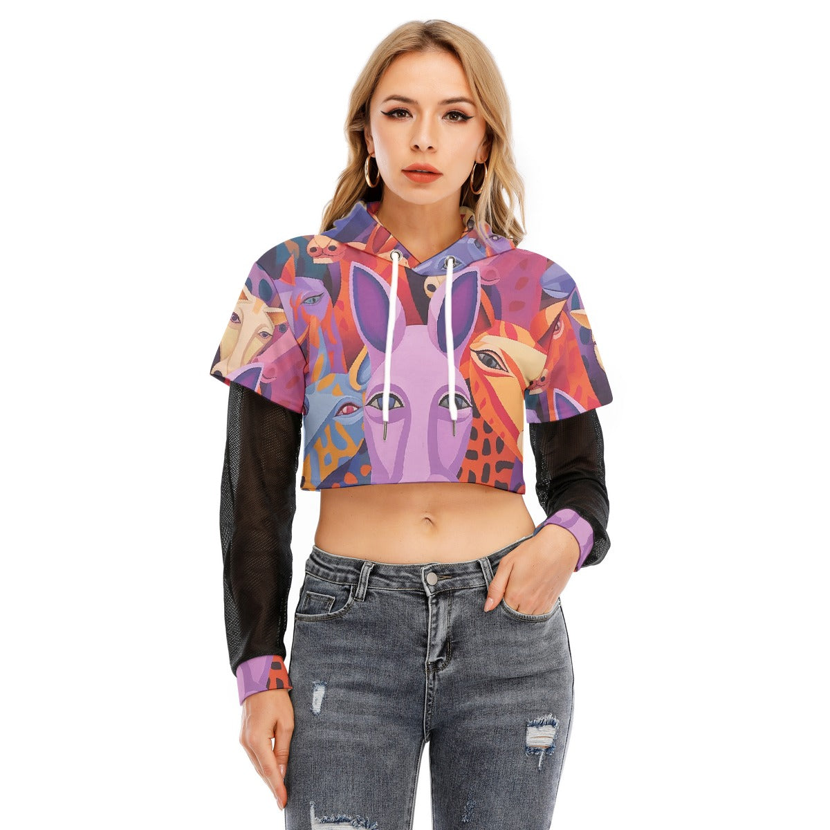 All-Over Print Women's Fake Two-piece Mesh Sleeve Cropped Hoodie