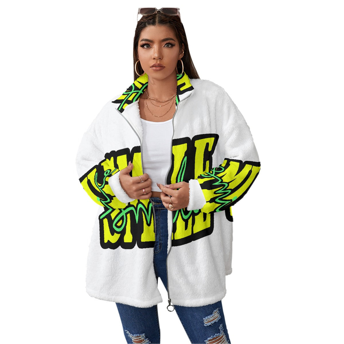 All-Over Print Unisex Borg Fleece Stand-up Collar Coat With Zipper Closure(Plus Size)