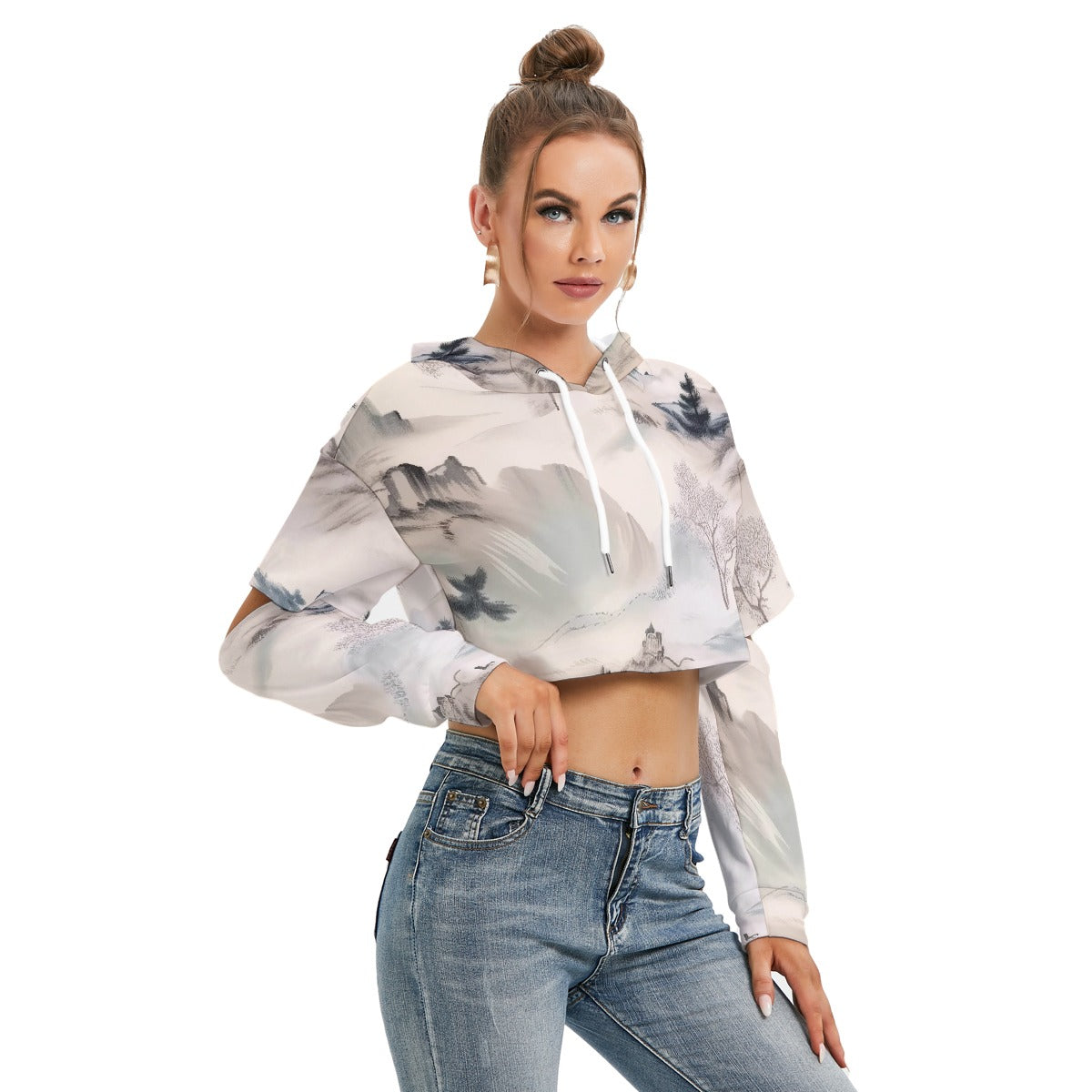 All-Over Print Women's Heavy Fleece Hoodie With Hollow Out Sleeve