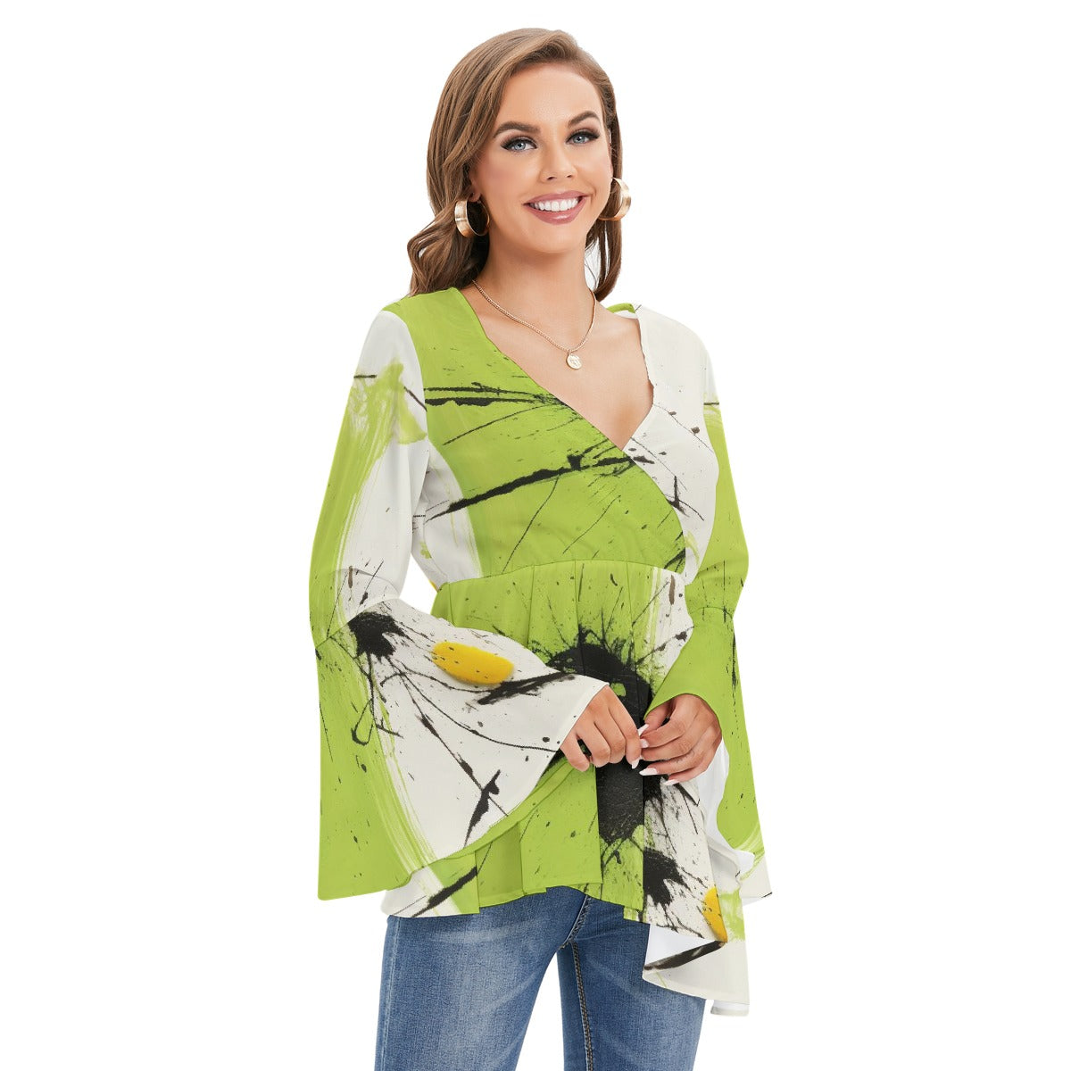 All-Over Print Women's V-neck Blouse With Flared Sleeves