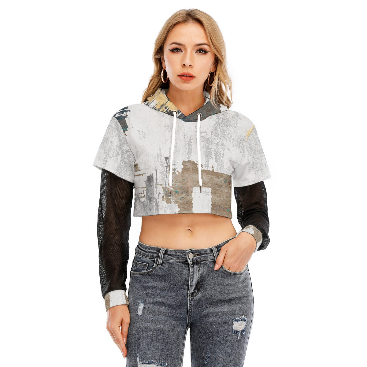 All-Over Print Women's Fake Two-piece Mesh Sleeve Cropped Hoodie