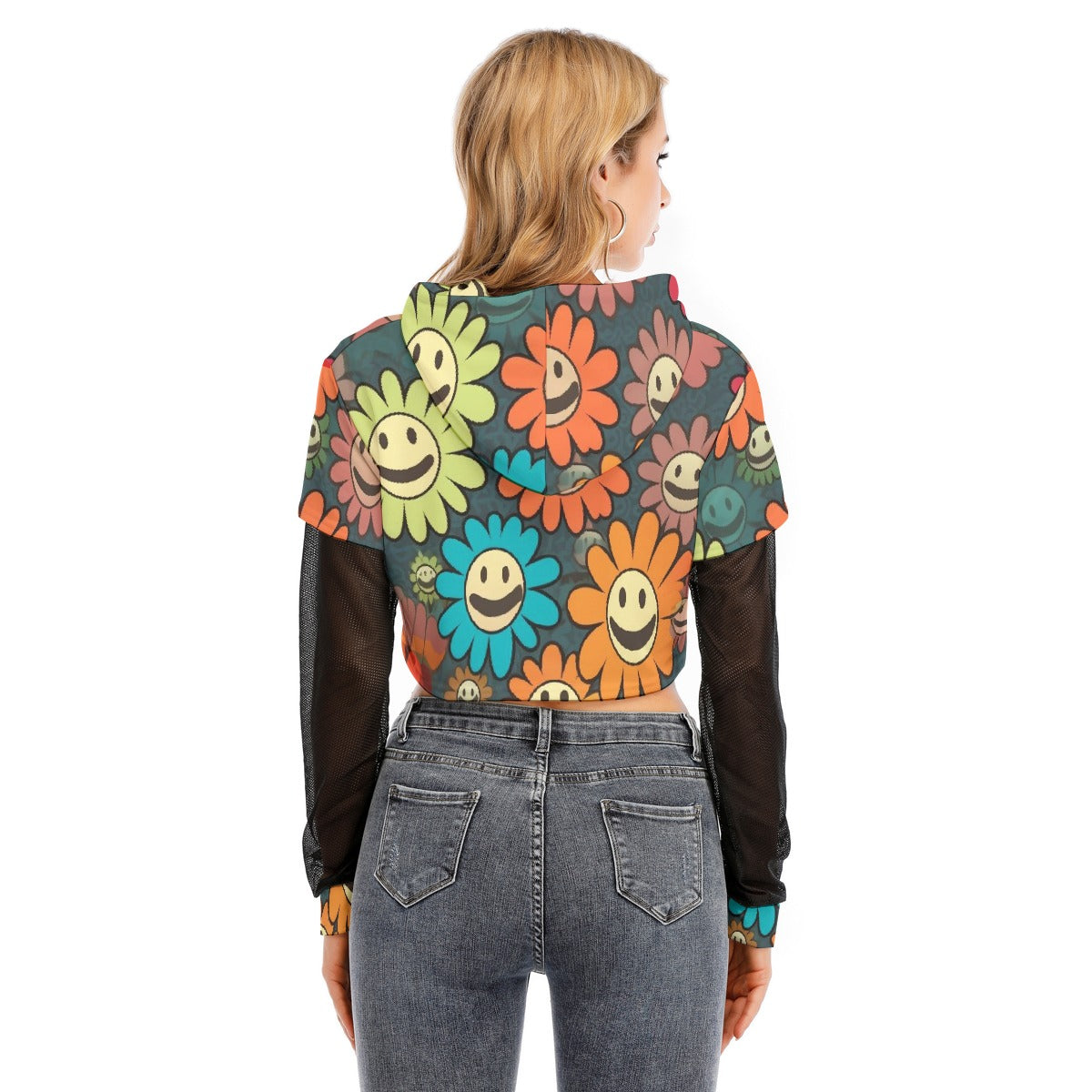 All-Over Print Women's Fake Two-piece Mesh Sleeve Cropped Hoodie
