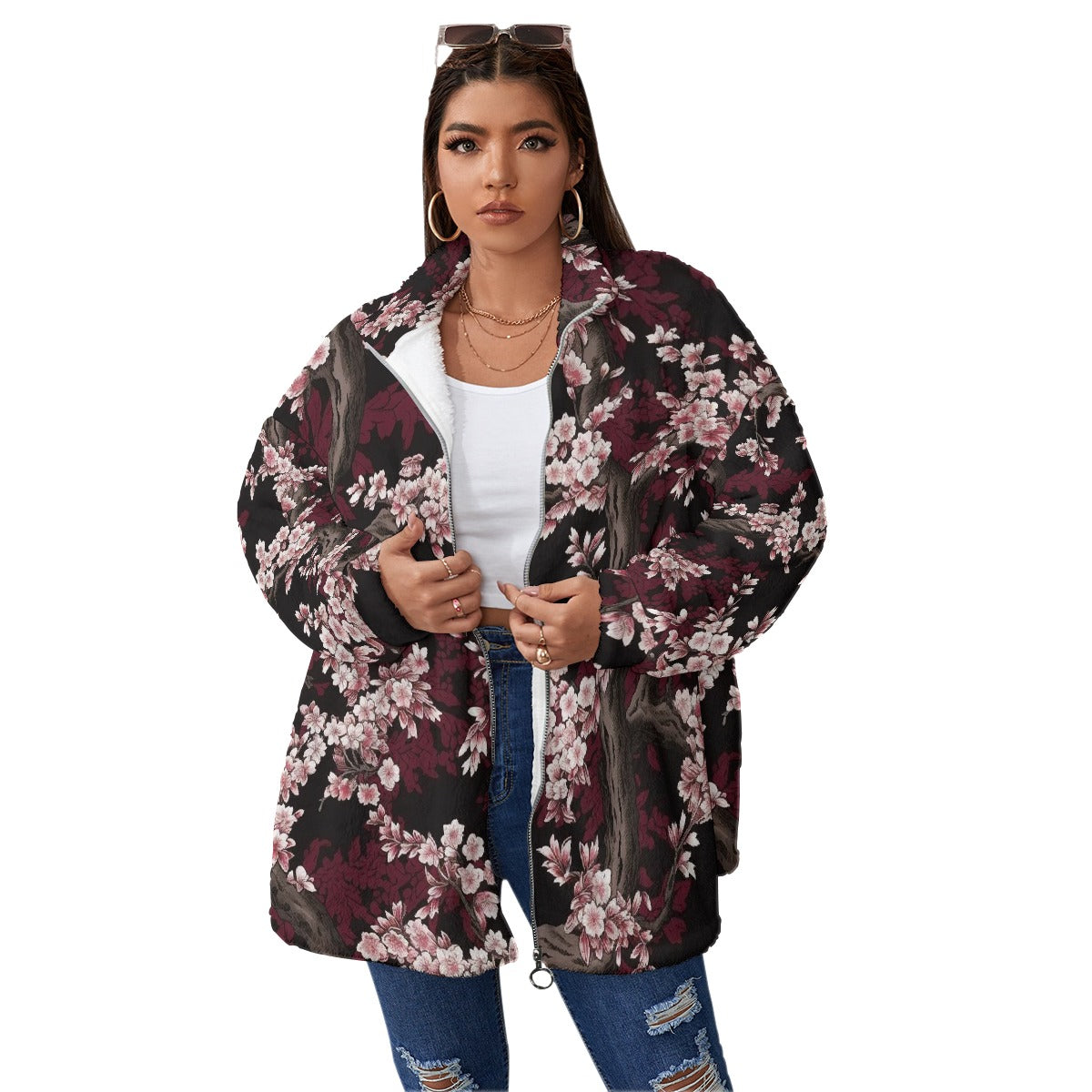 All-Over Print Unisex Borg Fleece Stand-up Collar Coat With Zipper Closure(Plus Size)