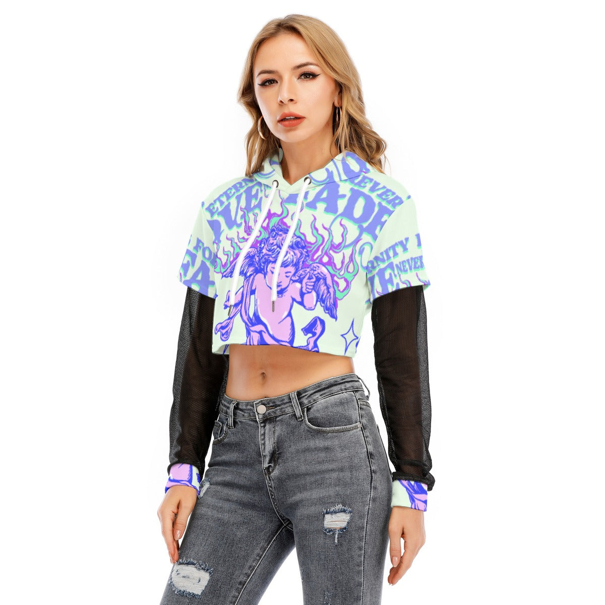 All-Over Print Women's Fake Two-piece Mesh Sleeve Cropped Hoodie