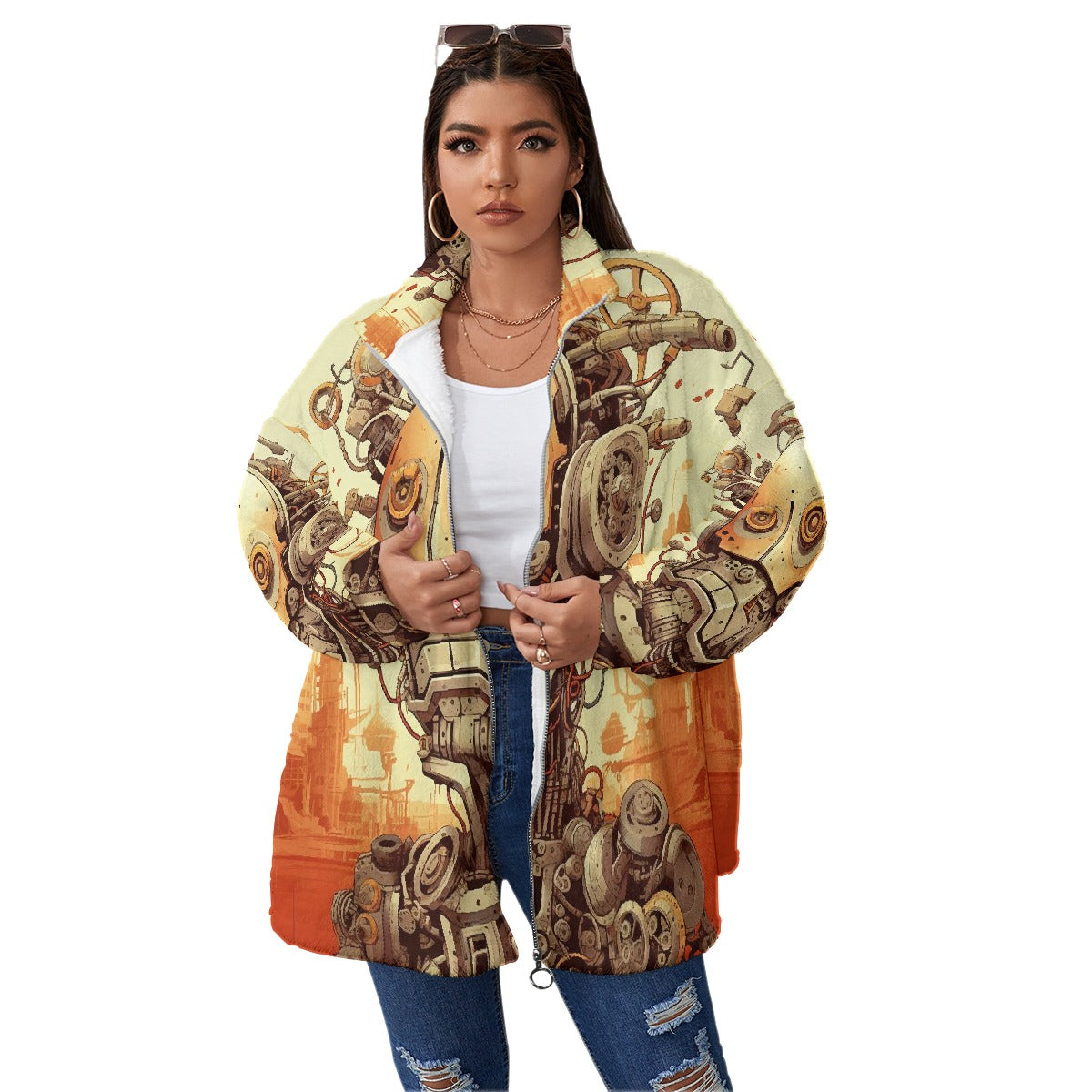 All-Over Print Unisex Borg Fleece Stand-up Collar Coat With Zipper Closure(Plus Size)