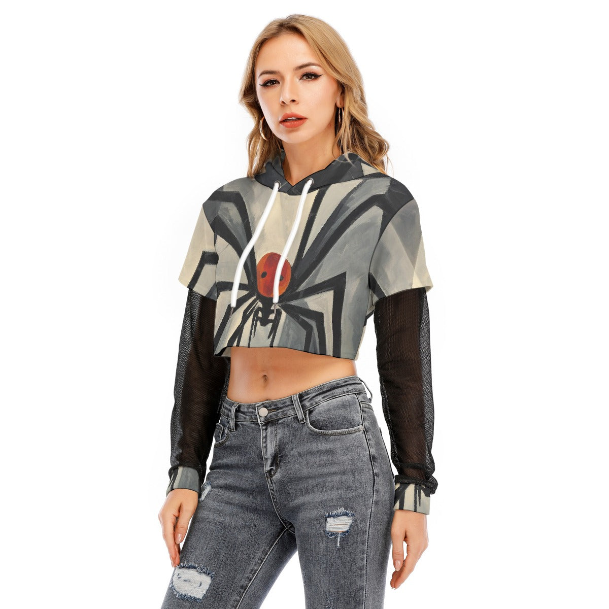 All-Over Print Women's Fake Two-piece Mesh Sleeve Cropped Hoodie