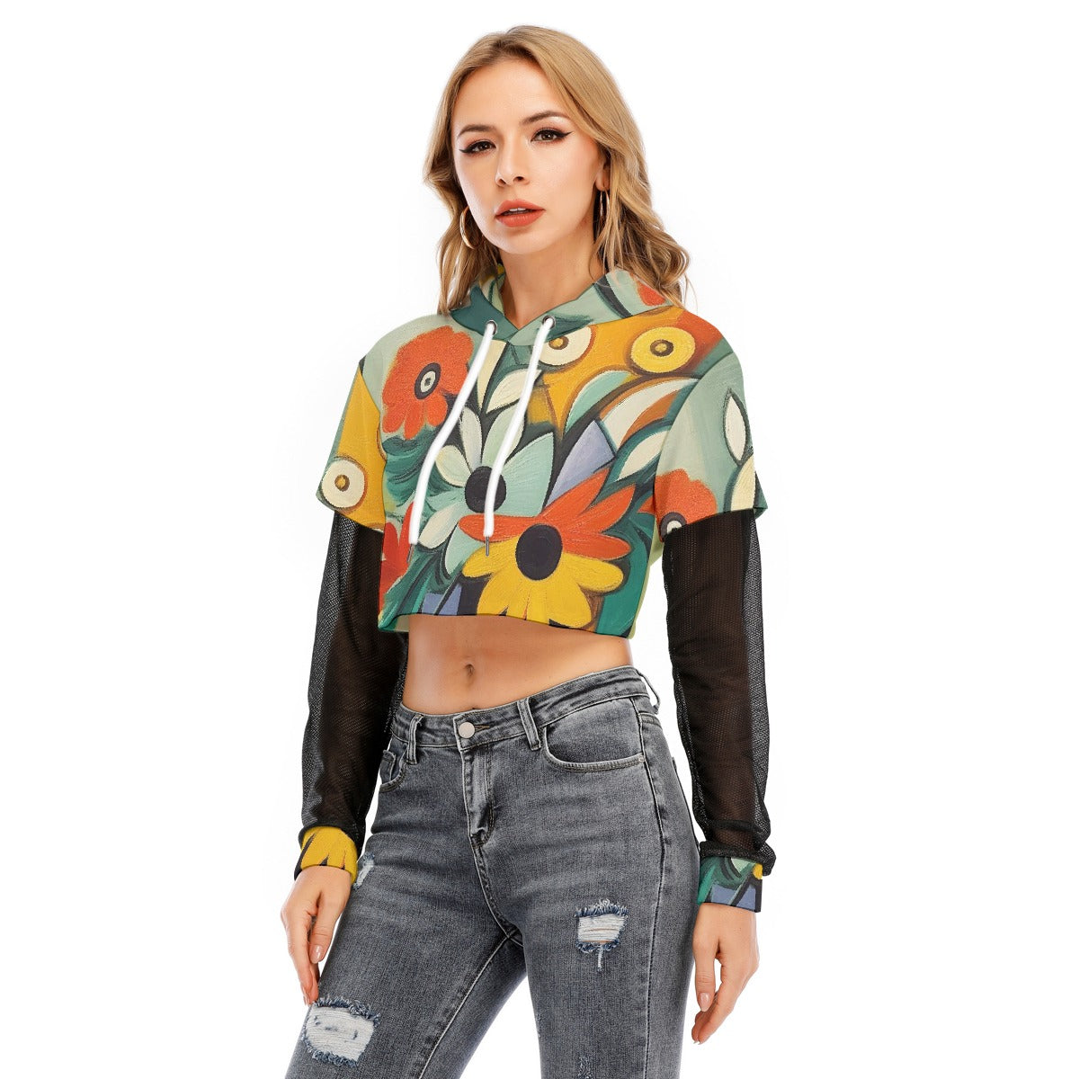 All-Over Print Women's Fake Two-piece Mesh Sleeve Cropped Hoodie