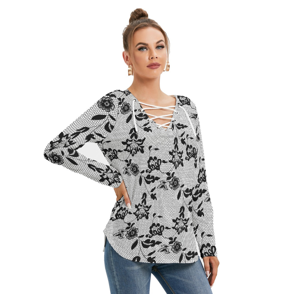 All-Over Print Women's Long Sleeve Neckline Tie Sweatshirt