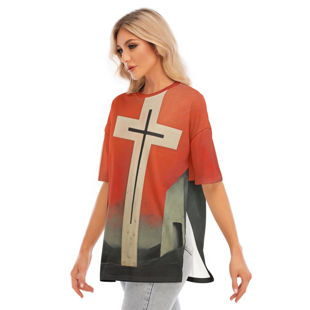 All-Over Print Women's Short Sleeves T-shirt With Hem Split