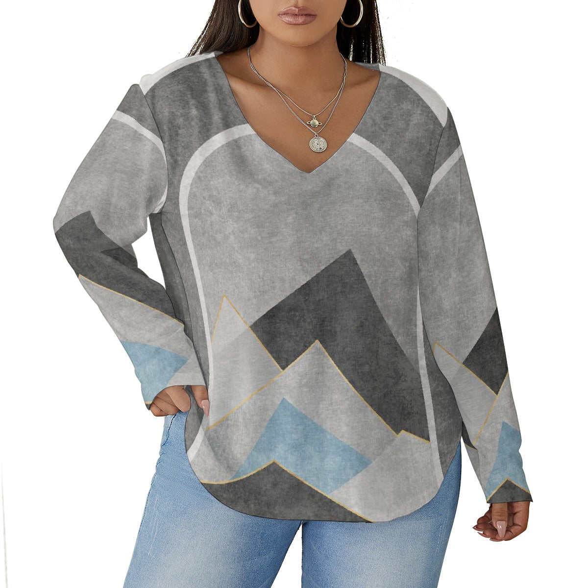 All-Over Print Women's V-neck T-shirt With Curved Hem(Plus Size)