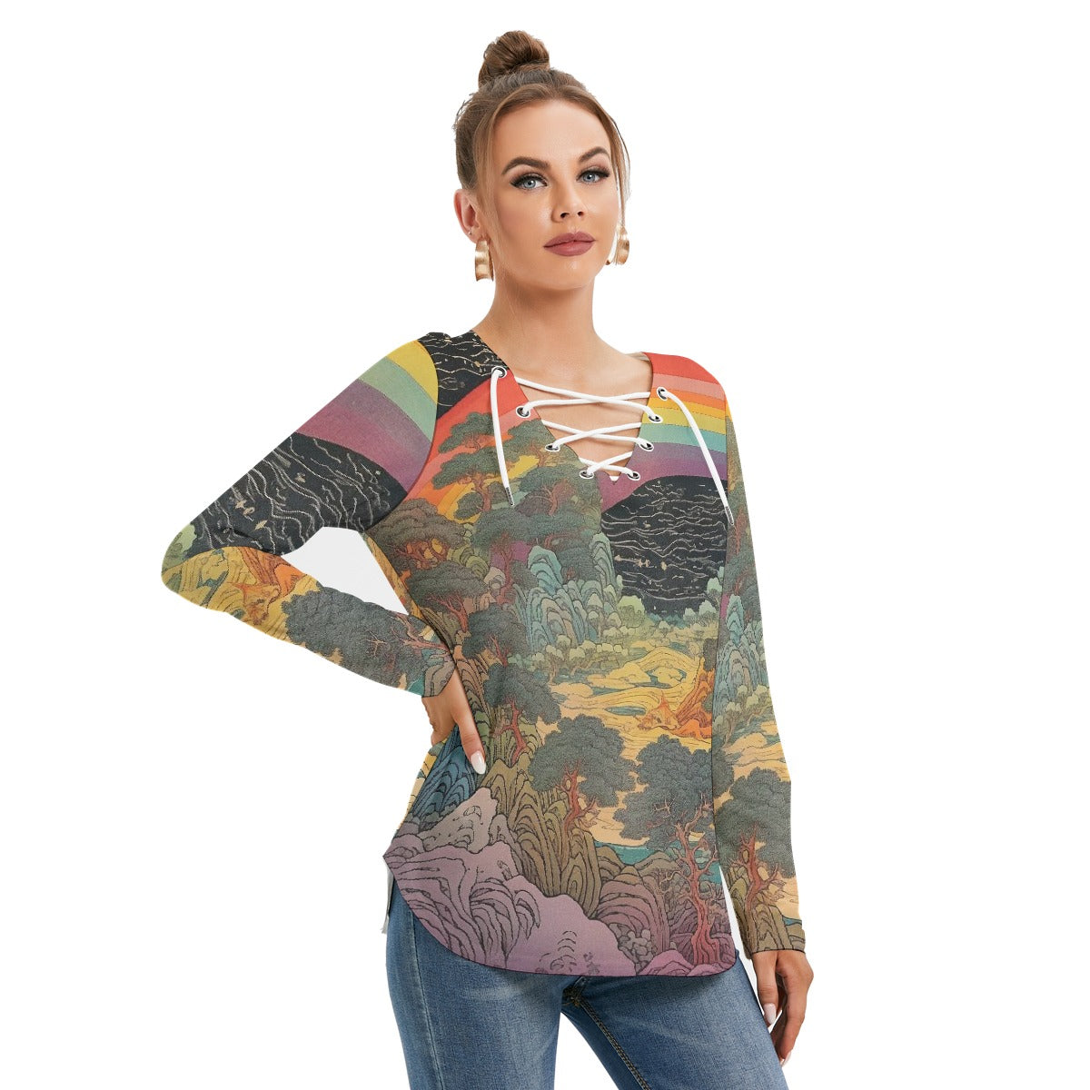All-Over Print Women's Long Sleeve Neckline Tie Sweatshirt