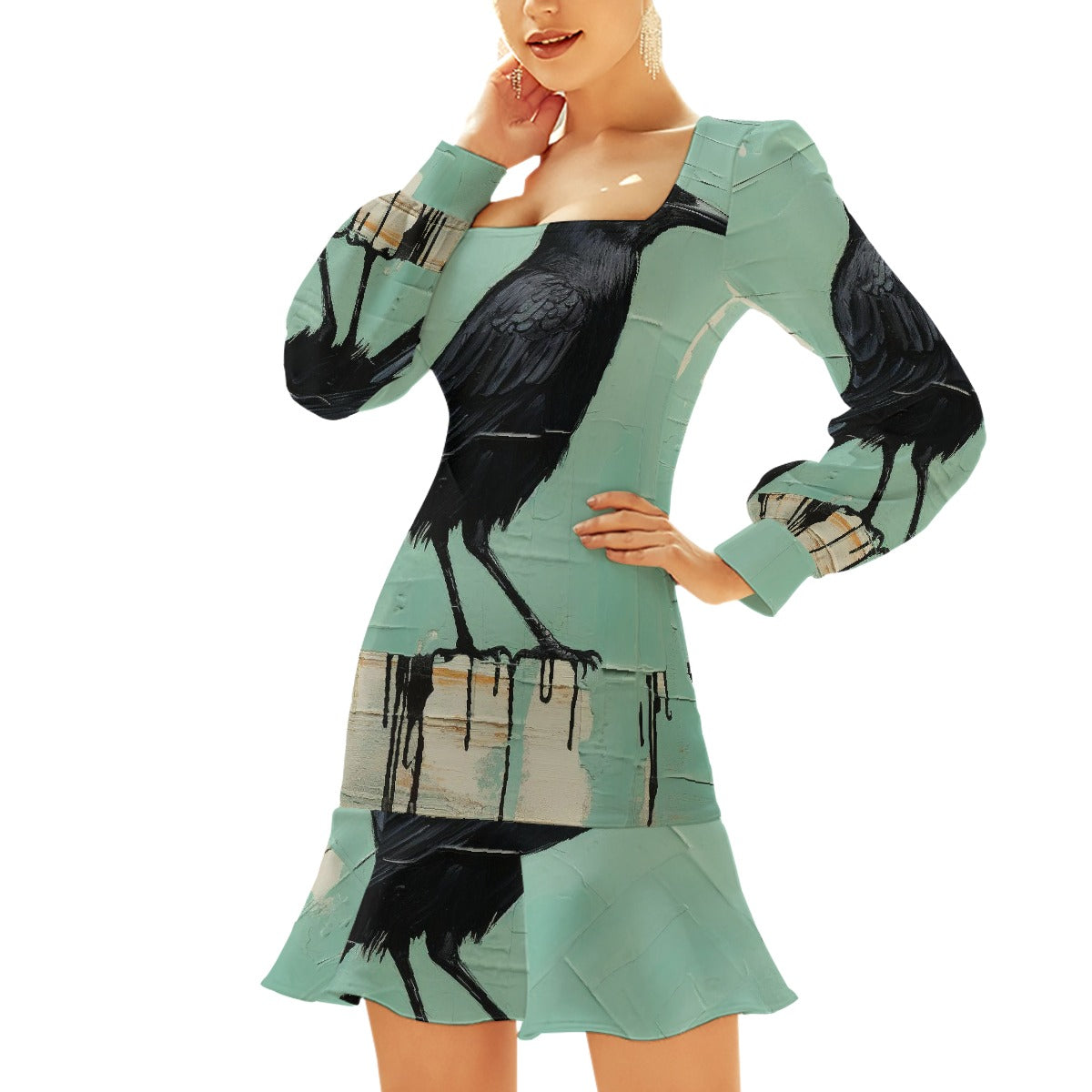 All-Over Print Women's Ruffle Hem Skinny Dress