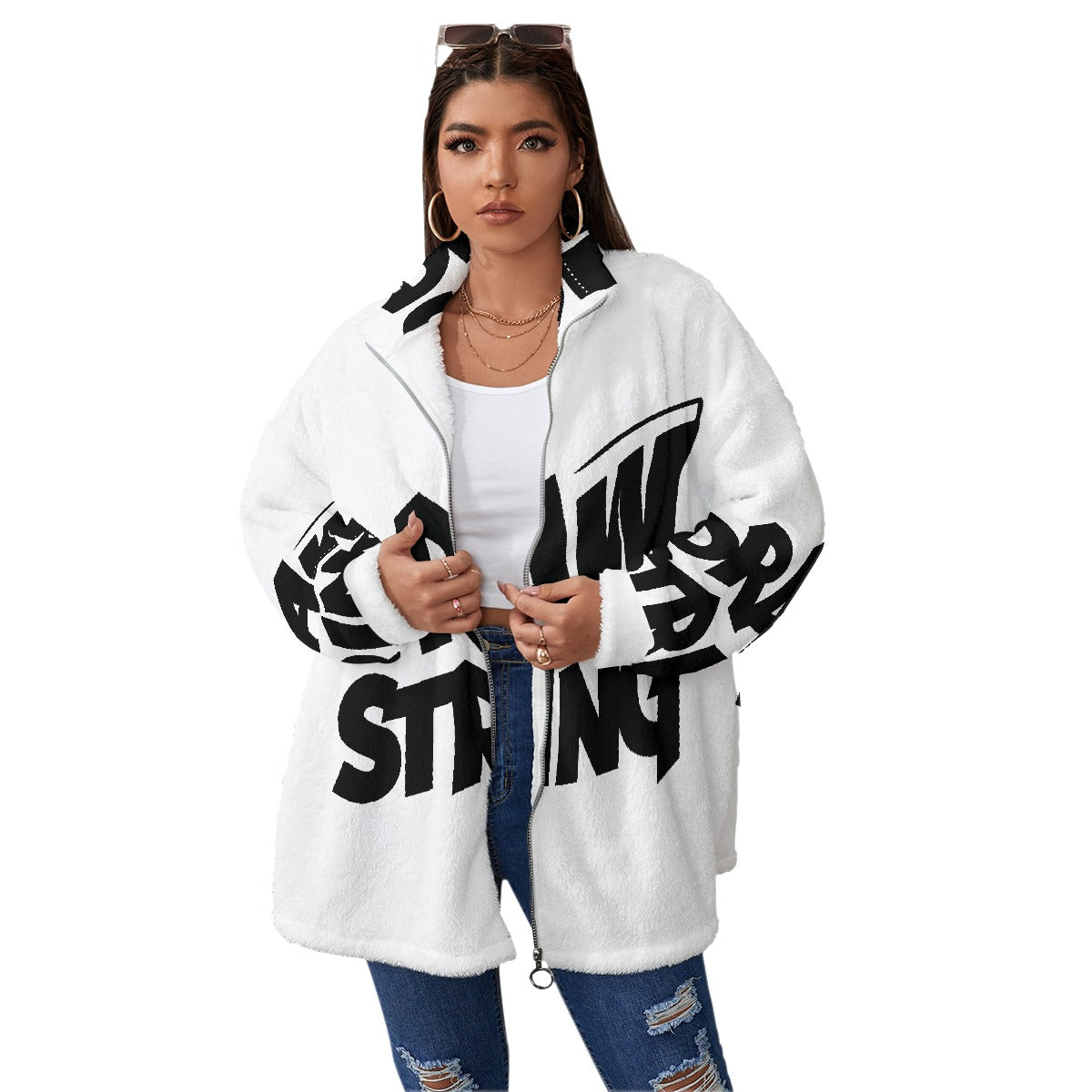 All-Over Print Unisex Borg Fleece Stand-up Collar Coat With Zipper Closure(Plus Size)