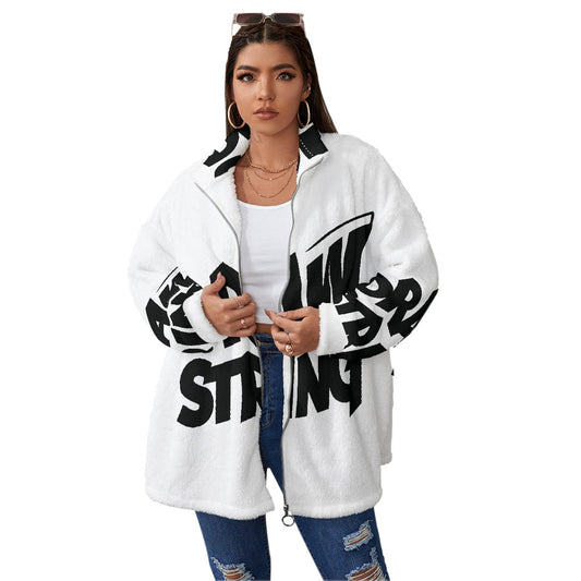 All-Over Print Unisex Borg Fleece Stand-up Collar Coat With Zipper Closure(Plus Size)
