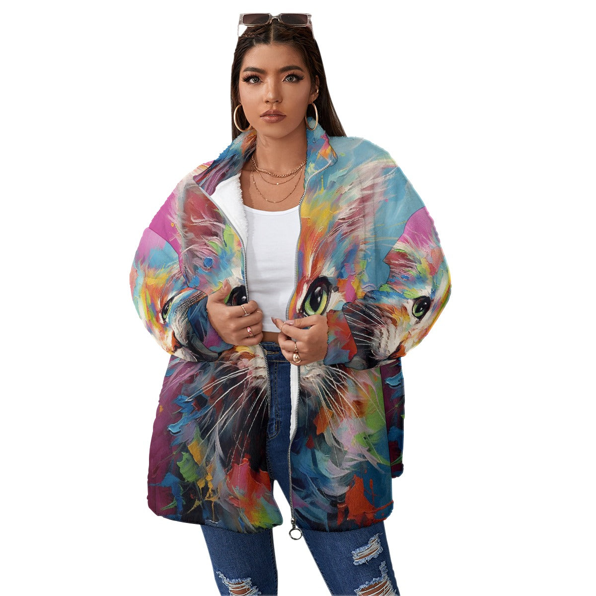 All-Over Print Unisex Borg Fleece Stand-up Collar Coat With Zipper Closure(Plus Size)