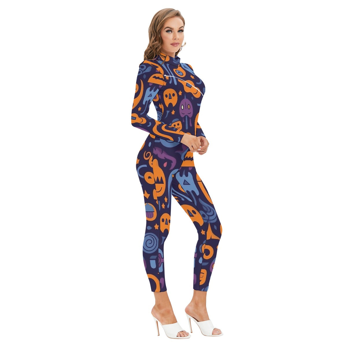 All-Over Print Women's Long-sleeved High-neck Jumpsuit With Zipper