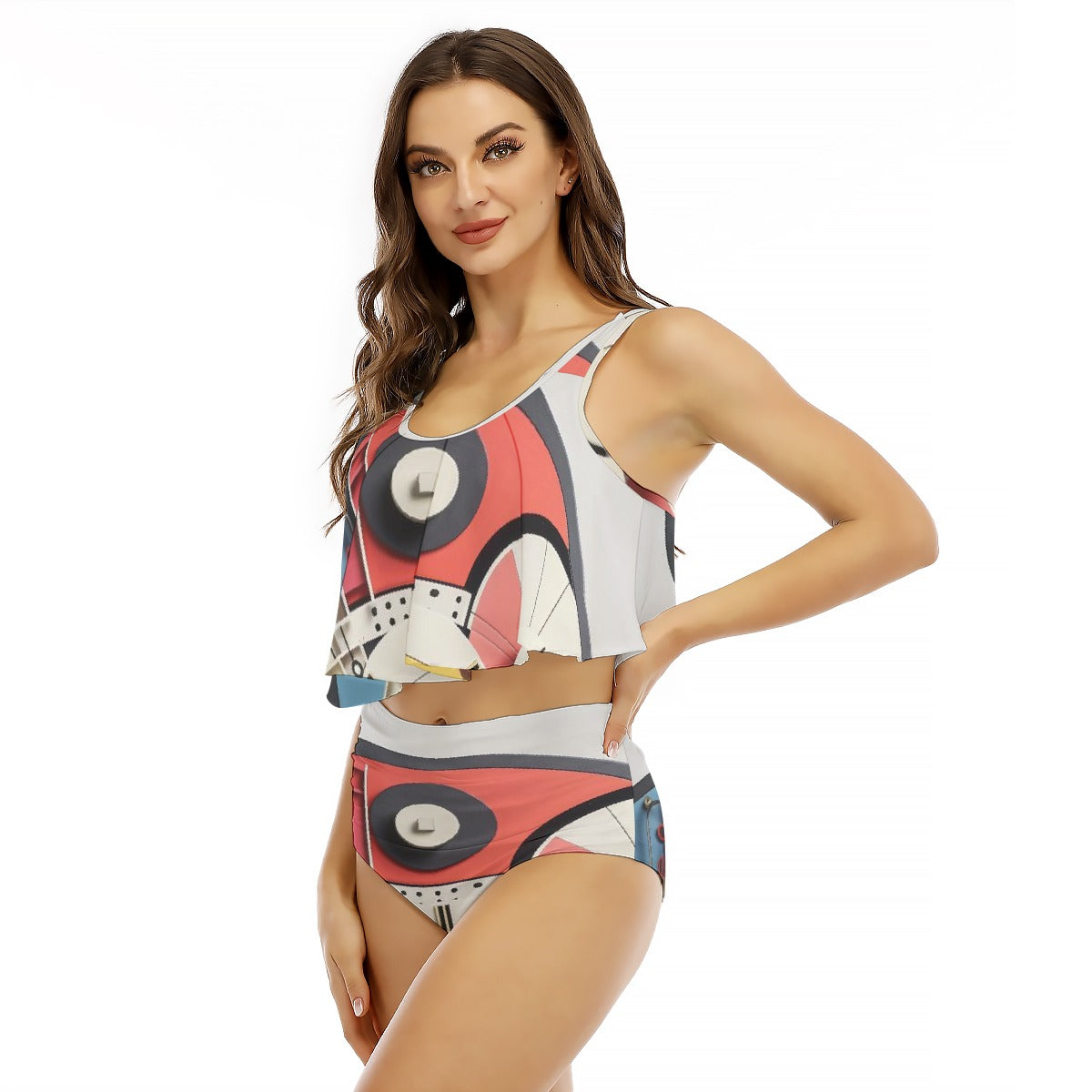 All-Over Print Women's Ruffled Vest Bikini Swimsuit