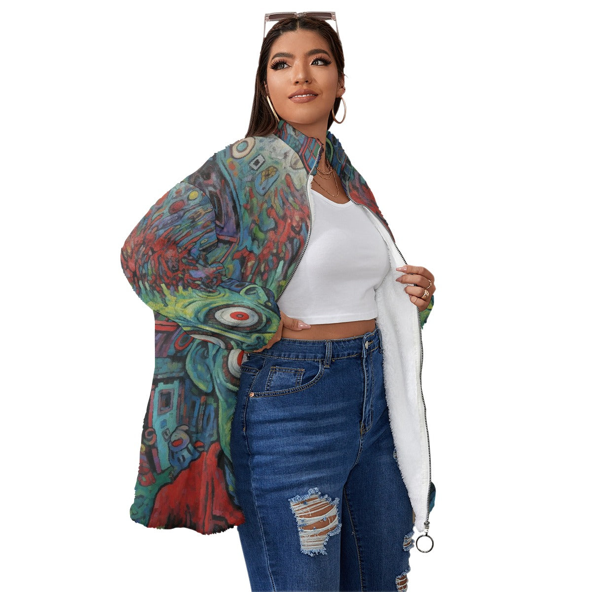 All-Over Print Unisex Borg Fleece Stand-up Collar Coat With Zipper Closure(Plus Size)