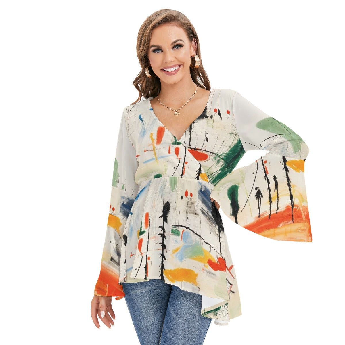 All-Over Print Women's V-neck Blouse With Flared Sleeves