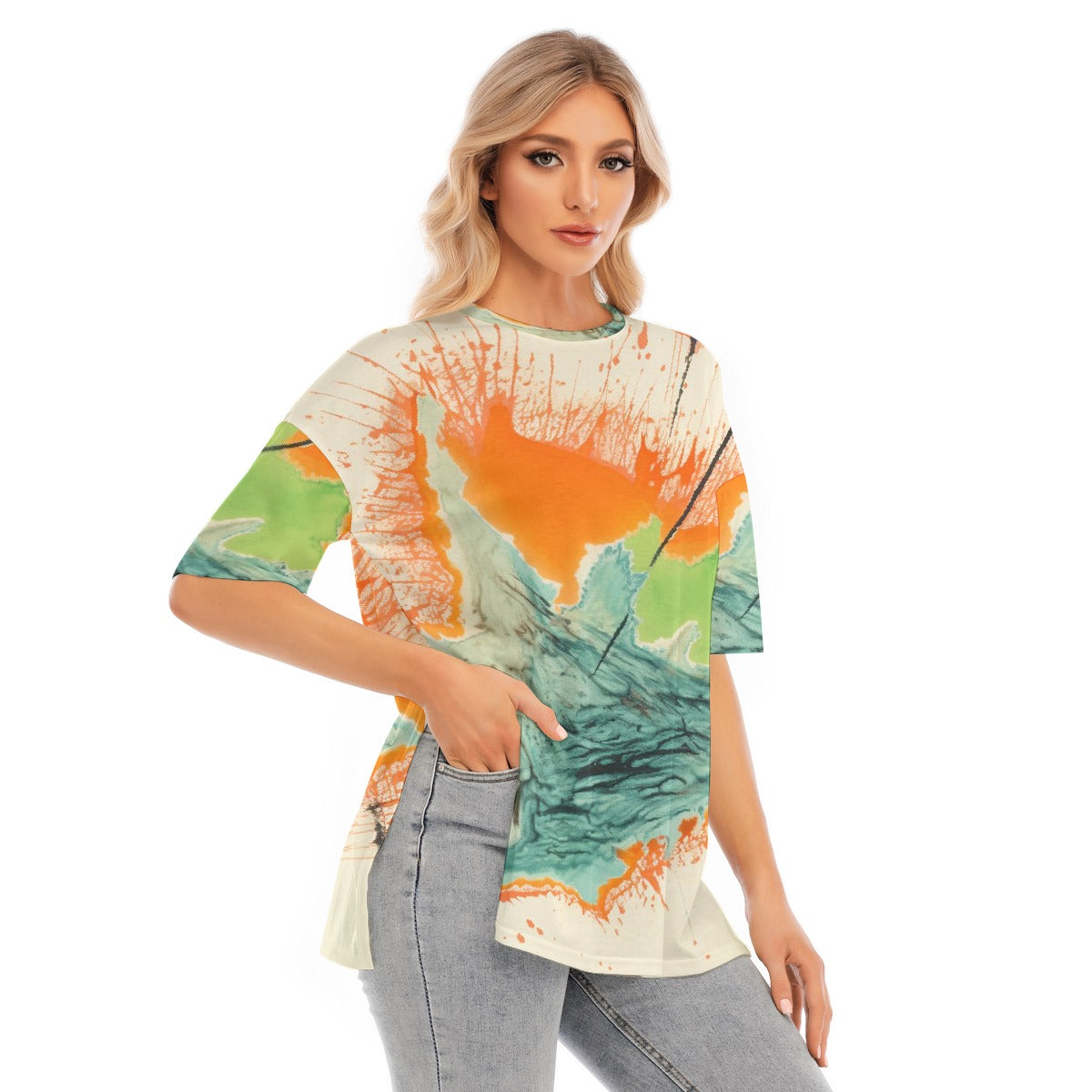 All-Over Print Women's Short Sleeves T-shirt With Hem Split