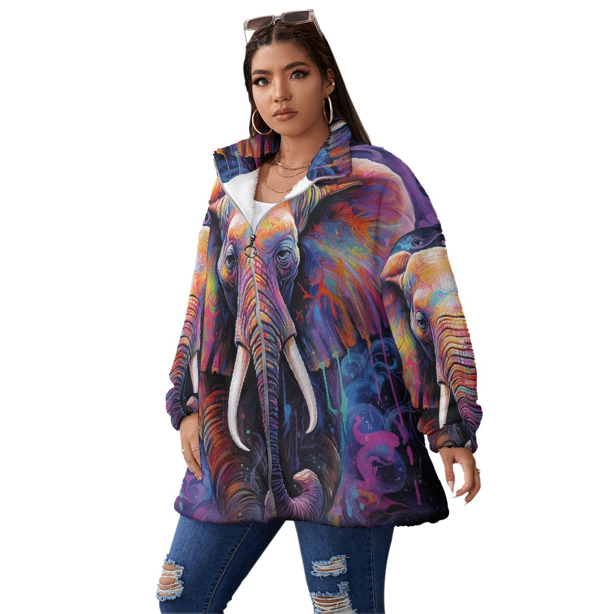 All-Over Print Unisex Borg Fleece Stand-up Collar Coat With Zipper Closure(Plus Size)