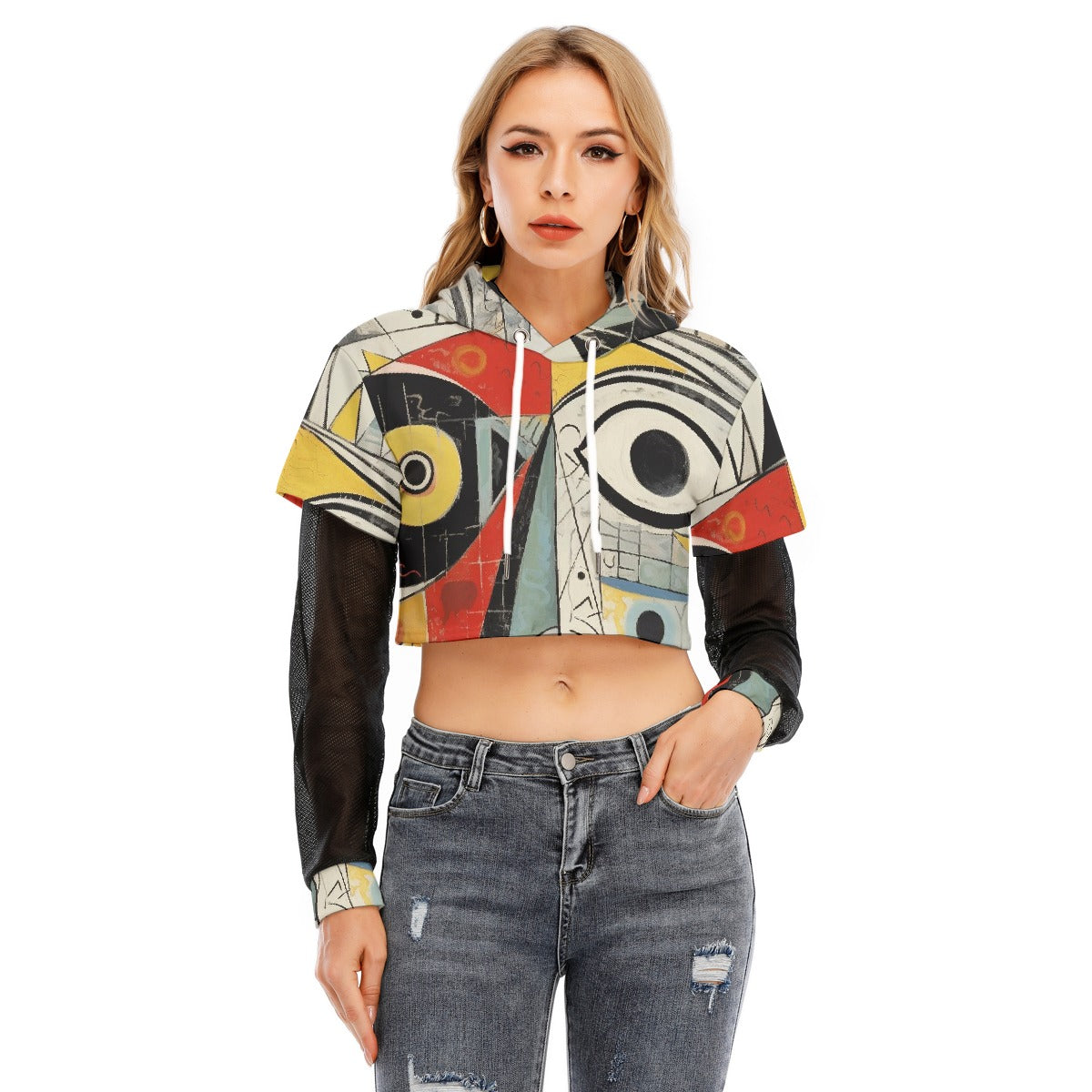 All-Over Print Women's Fake Two-piece Mesh Sleeve Cropped Hoodie
