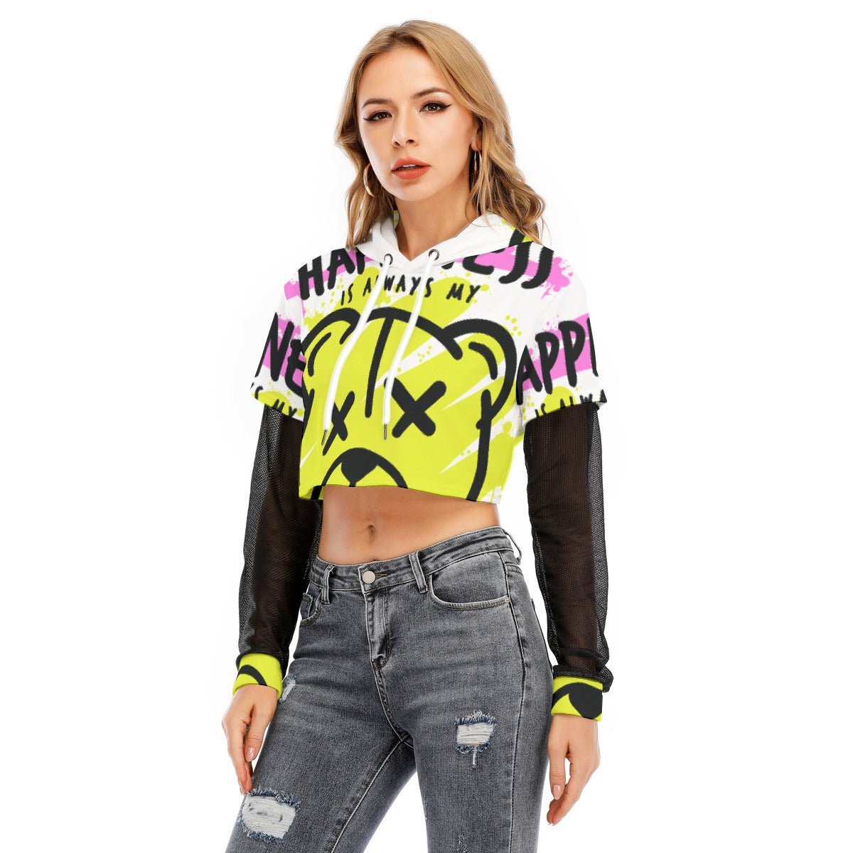All-Over Print Women's Fake Two-piece Mesh Sleeve Cropped Hoodie