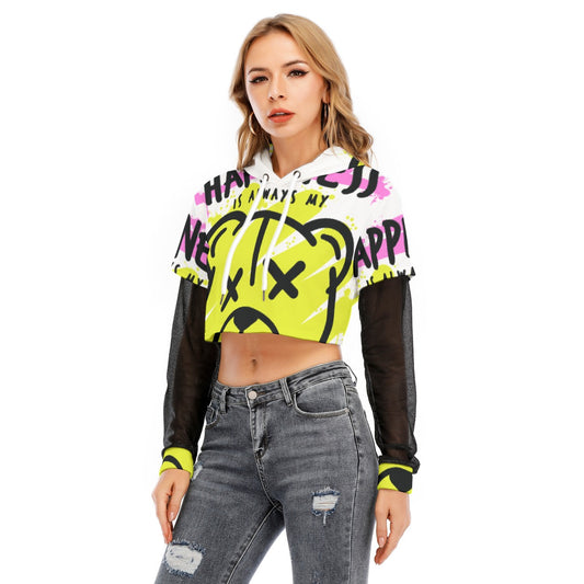 All-Over Print Women's Fake Two-piece Mesh Sleeve Cropped Hoodie
