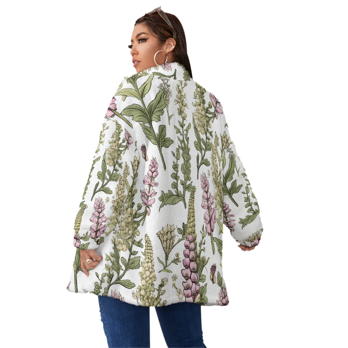 All-Over Print Unisex Borg Fleece Stand-up Collar Coat With Zipper Closure(Plus Size)