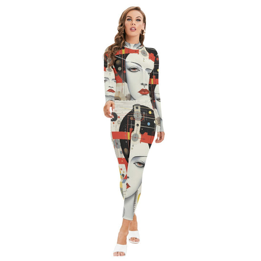 All-Over Print Women's Long-sleeved High-neck Jumpsuit With Zipper