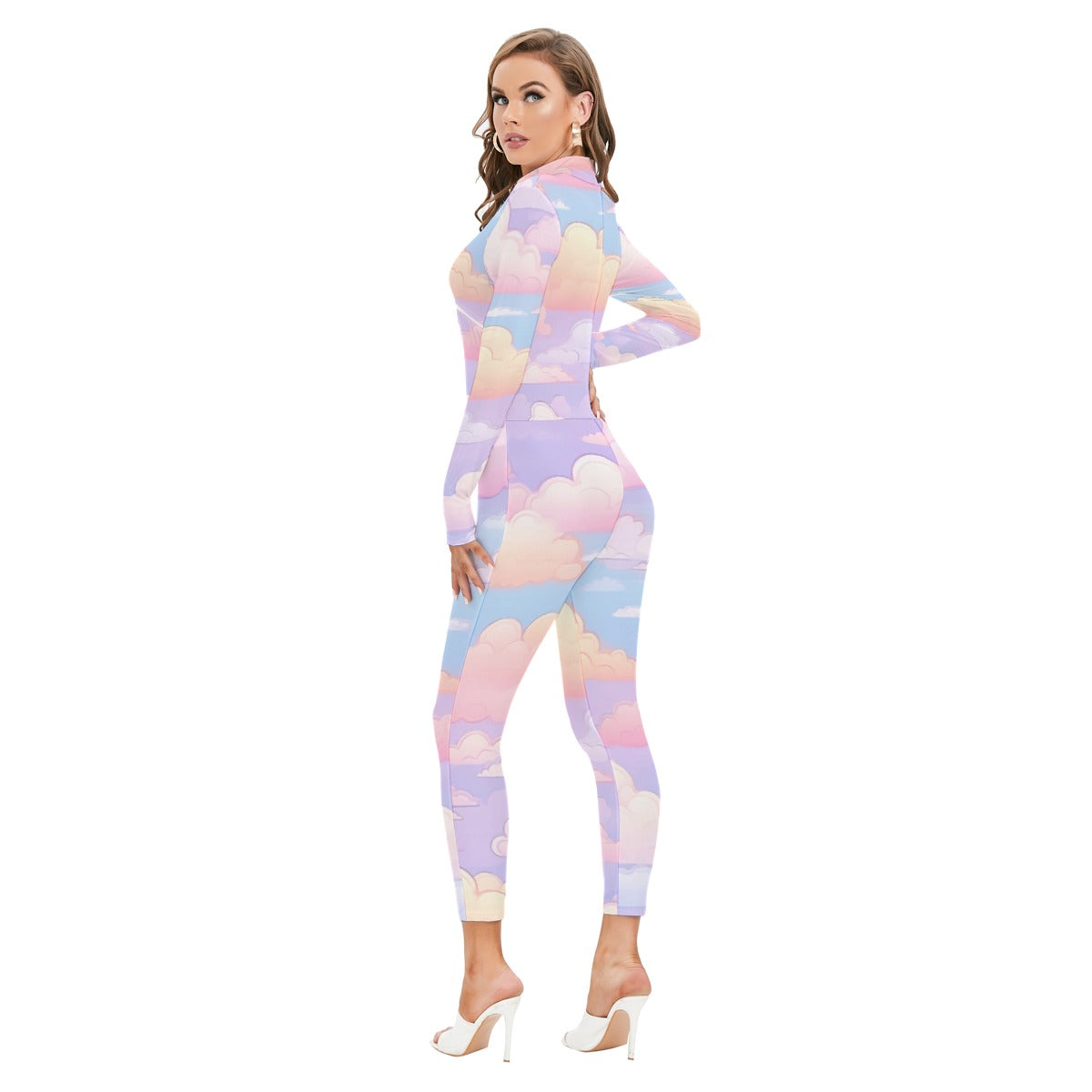 All-Over Print Women's Long-sleeved High-neck Jumpsuit With Zipper