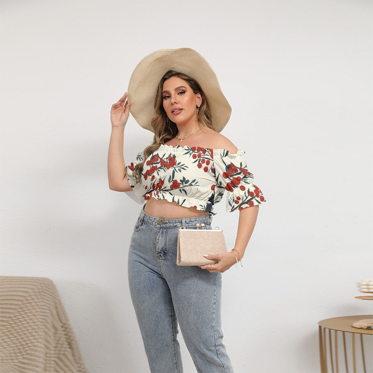 All-Over Print Women's Off-shoulder Cropped Top With Short Puff Sleeve