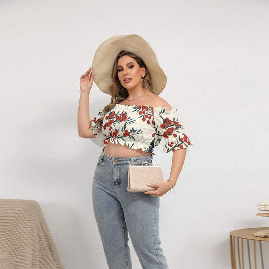 All-Over Print Women's Off-shoulder Cropped Top With Short Puff Sleeve