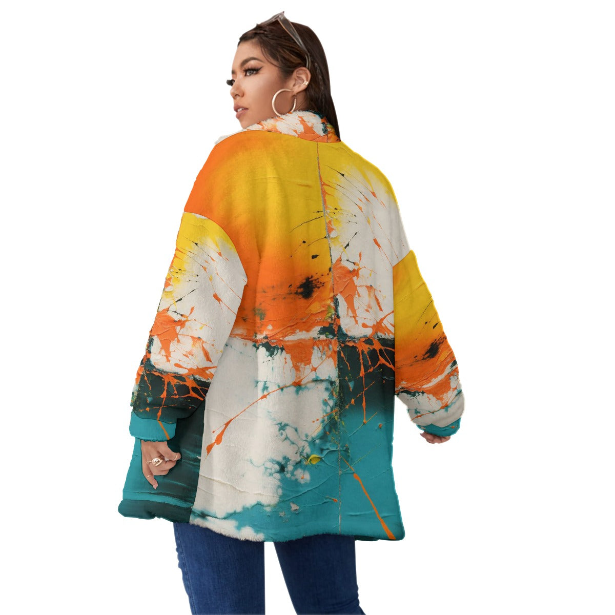 All-Over Print Unisex Borg Fleece Stand-up Collar Coat With Zipper Closure(Plus Size)