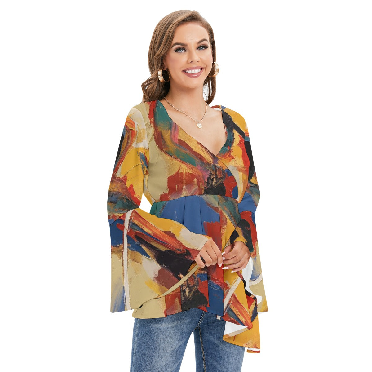 All-Over Print Women's V-neck Blouse With Flared Sleeves