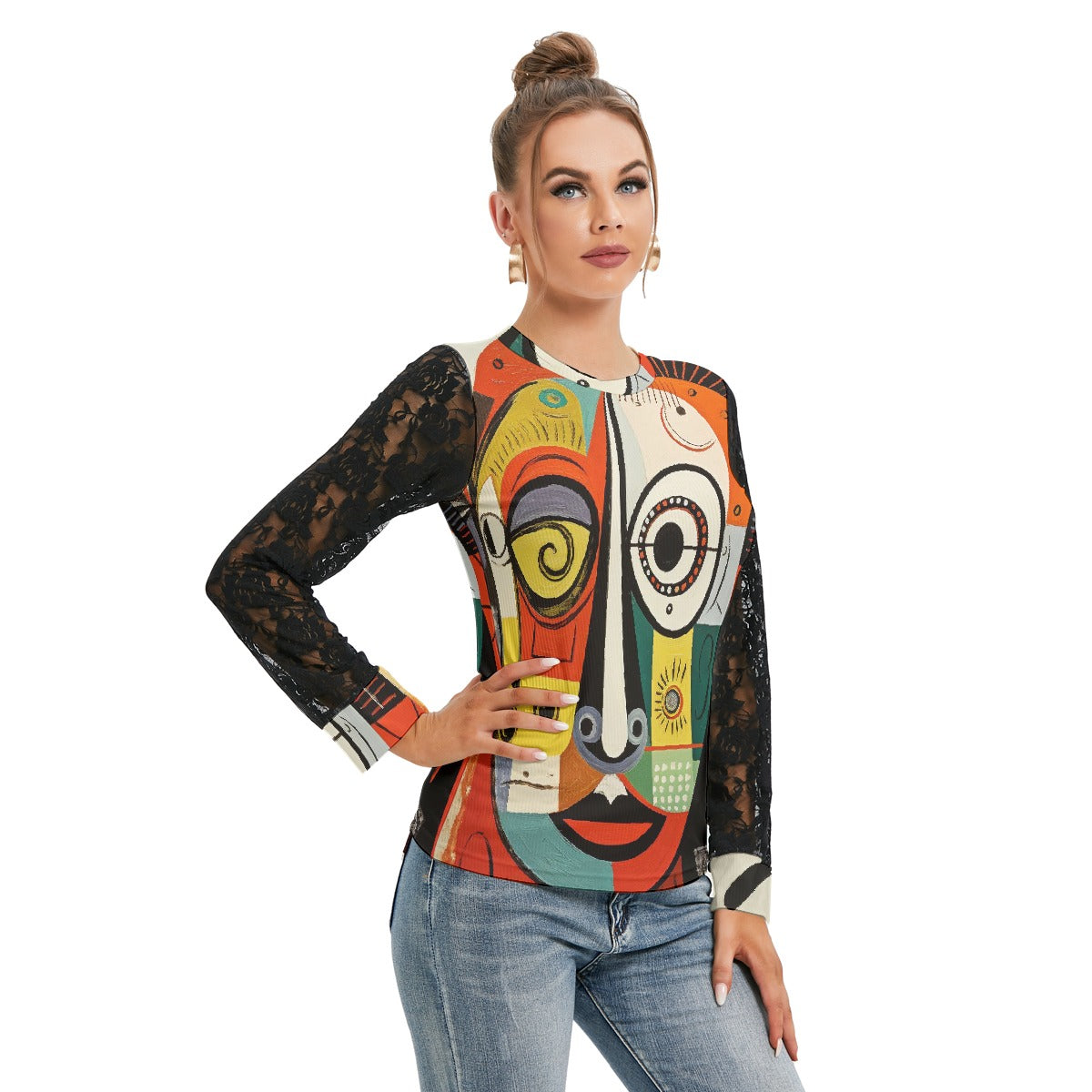All-Over Print Women's T-shirt And Sleeve With Black Lace