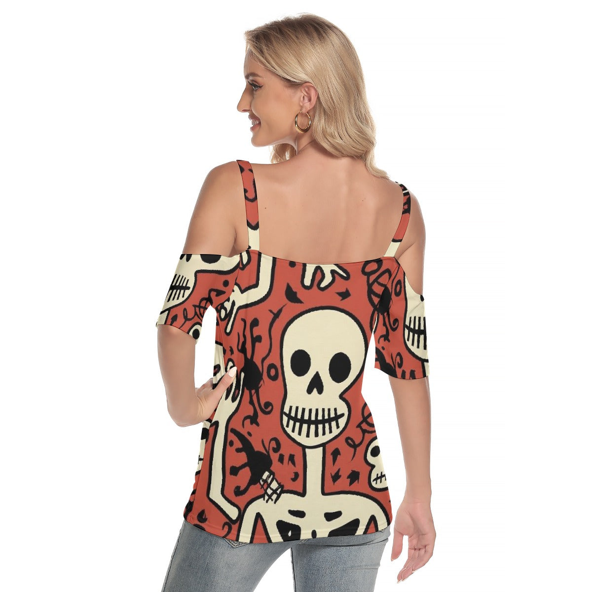 All-Over Print Women's Cold Shoulder T-shirt With Criss Cross Strips