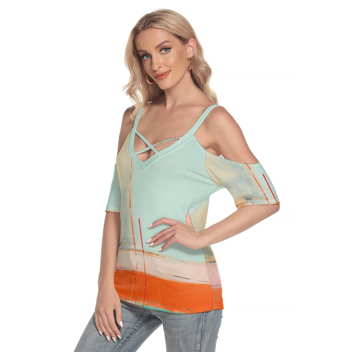 All-Over Print Women's Cold Shoulder T-shirt With Criss Cross Strips