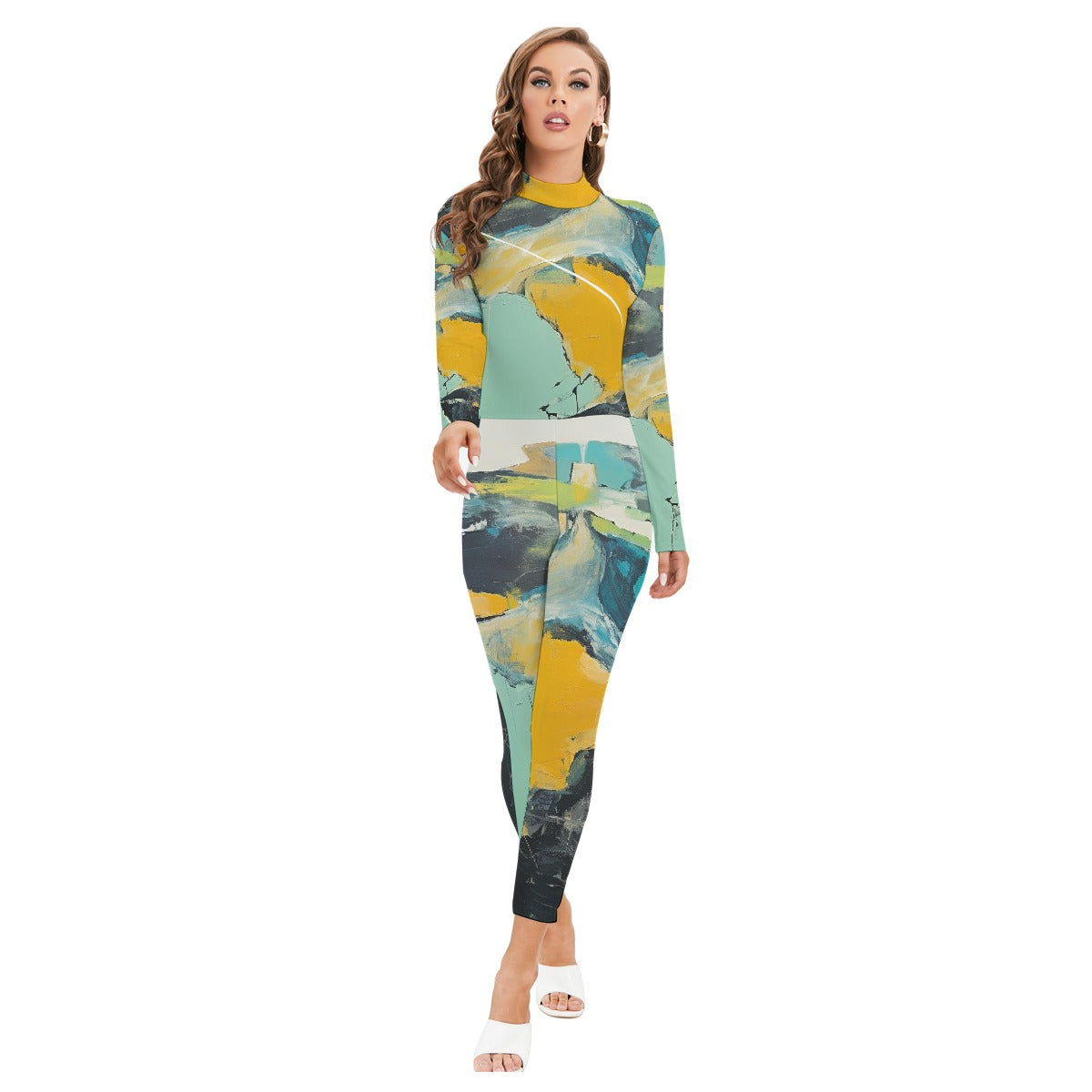 All-Over Print Women's Long-sleeved High-neck Jumpsuit With Zipper