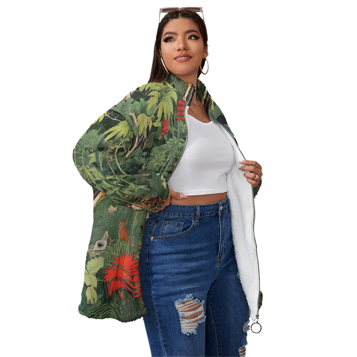 All-Over Print Unisex Borg Fleece Stand-up Collar Coat With Zipper Closure(Plus Size)