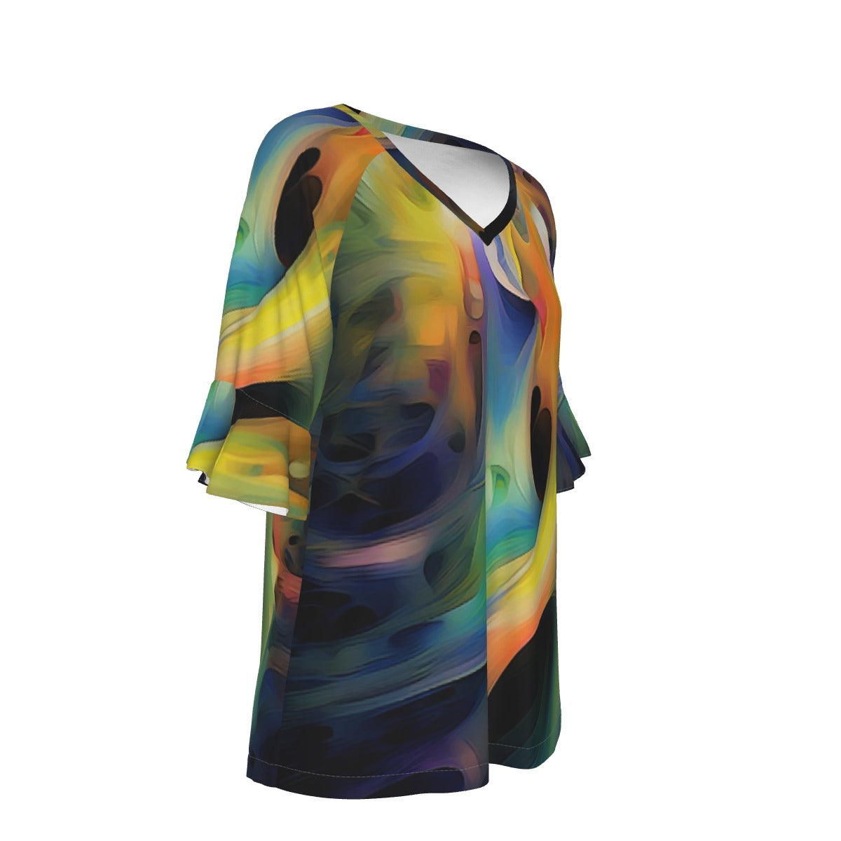 All-Over Print V-neck Women's T-shirt With Bell Sleeve
