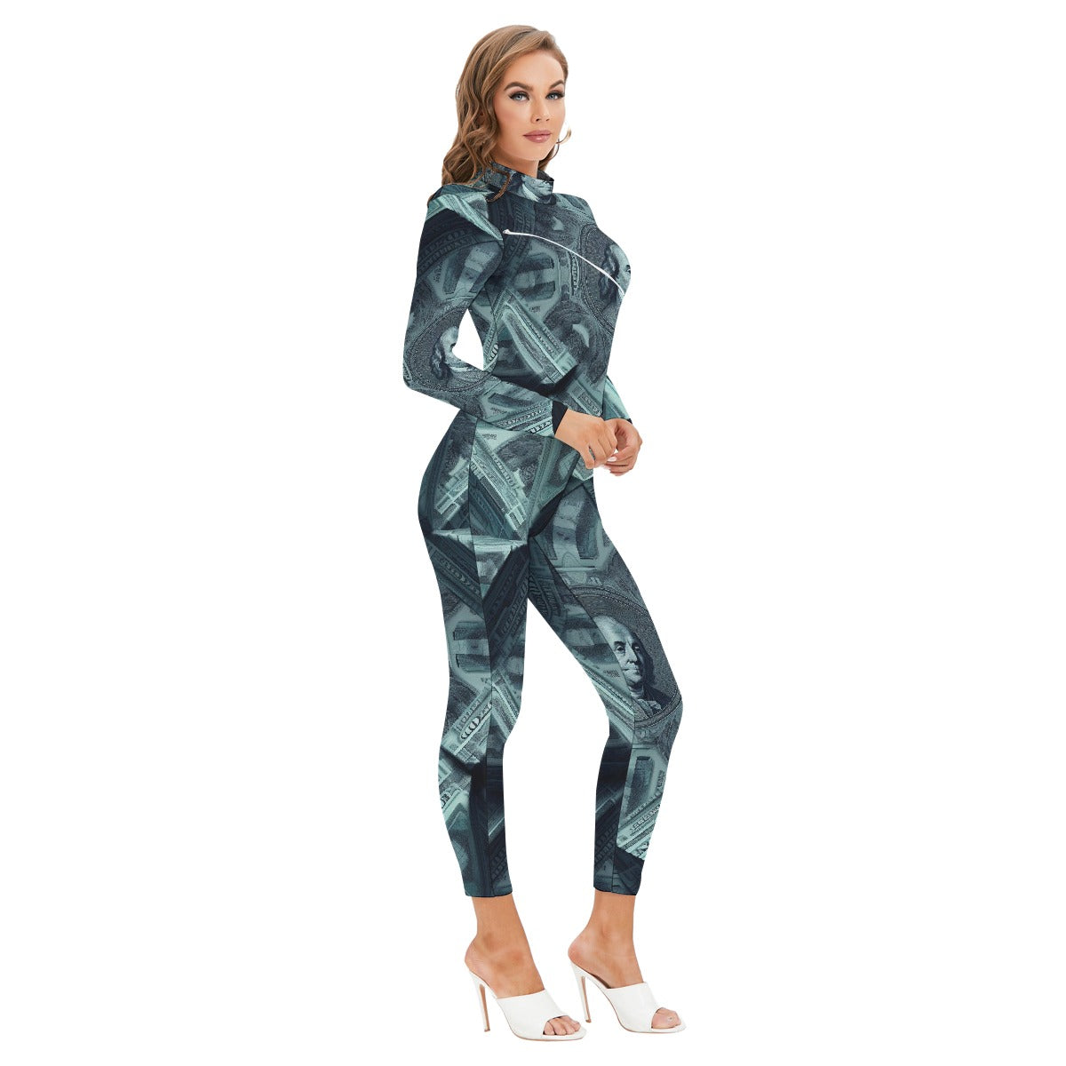 All-Over Print Women's Long-sleeved High-neck Jumpsuit With Zipper